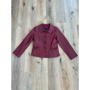 Portrait Leather Jacket Womens PS Burgundy Red Ruffle Collar Bows Coquette